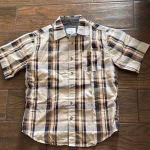 🥰Distortion Boys Beige and Brown Plaid Button-Down Shirt Size Medium 10-12